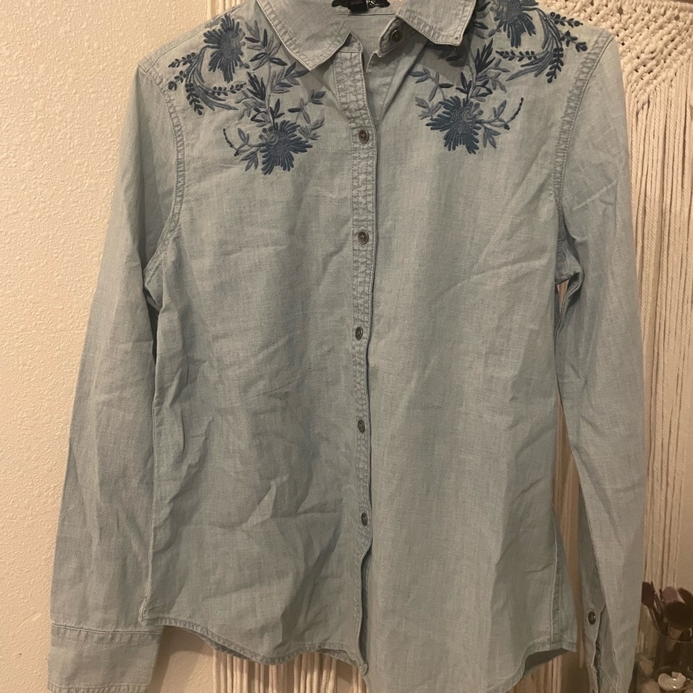 Light Blue Denim Shirt with Floral Embroidery